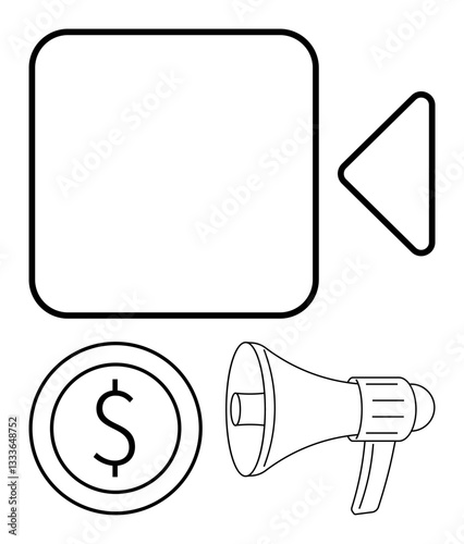 Camera symbol with play button, dollar coin, and megaphone highlights marketing, video production, revenue generation, advertising, promotions, media campaigns. Ideal for marketing media