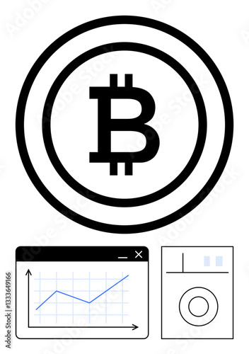 Bitcoin logo within circle, growth chart in analytics window, and flat dashboard UI. Ideal for cryptocurrency, blockchain, investment, finance, trading digital currency fintech. Flat simple