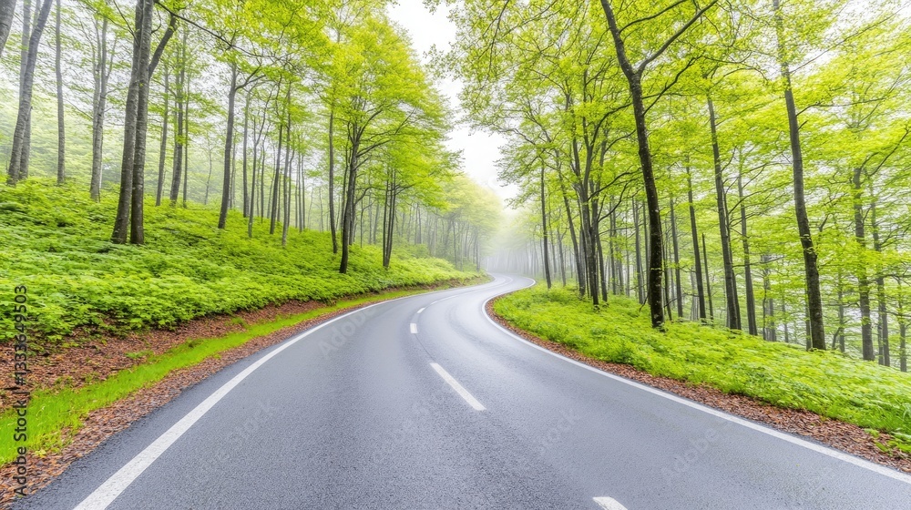 Fototapeta premium Winding road through misty green forest