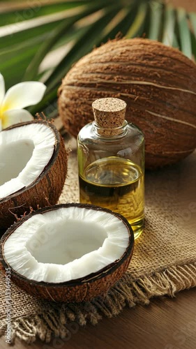 Coconuts and coconut oil on a rustic surface with tropical elements and natural light showcasing fresh ingredients