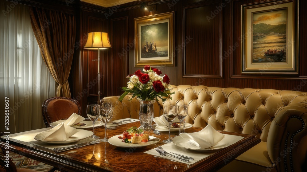 Fototapeta premium Room service dinner setup in a cozy hotel suite with warm dim lighting