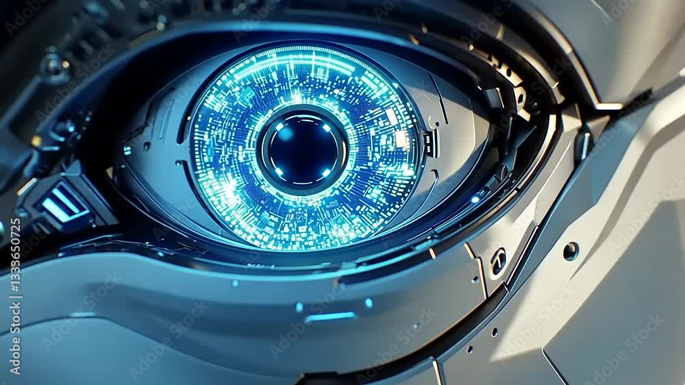 A close-up of a robotic eye with intricate details and glowing elements.