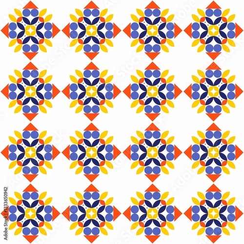 Seamless geometric pattern with colorful abstract shapes in blue, yellow, and red.