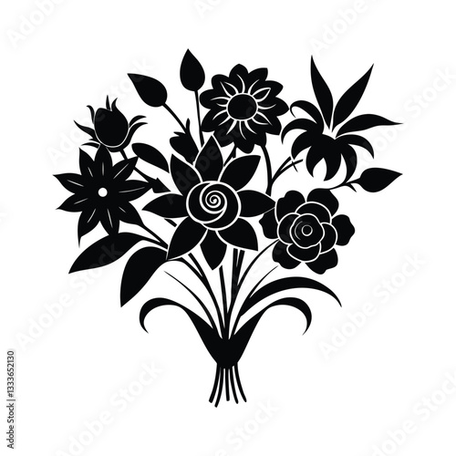 Silhouette design of a bouquet of mixed flowers vector art illustration.eps