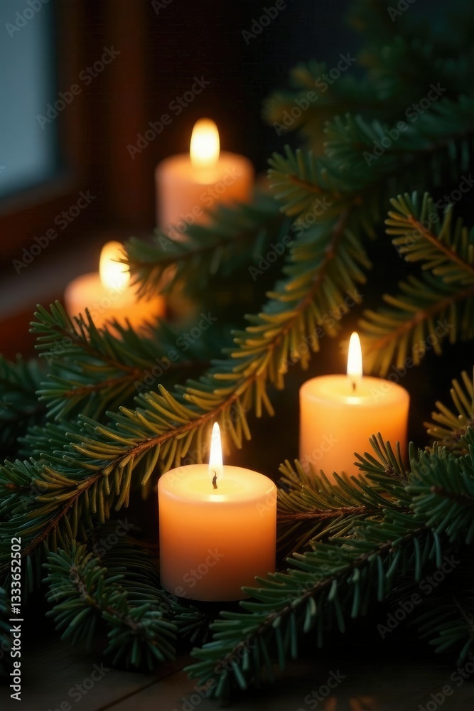 Fir branches with candles lit from the bottom, candlelit, festive ambiance Fir branches with candles lit from the bottom, candlelit, festive ambiance