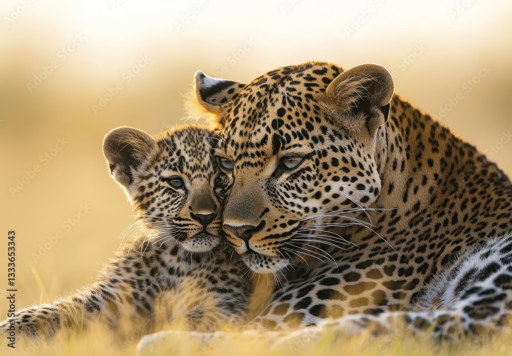 Fototapeta premium Adorable leopard mother snuggling with her playful cub in the golden grasslands during a serene sunset in the wild African savanna