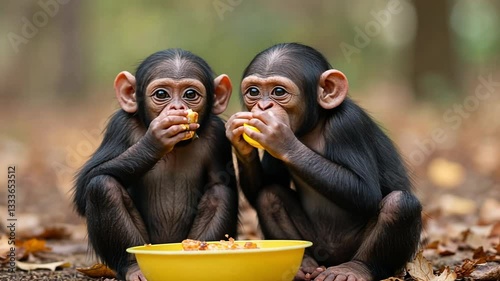 Two Young Monkeys Sitting Together and Eating Snacks from a Yellow Bowl in a Natural Forest Setting