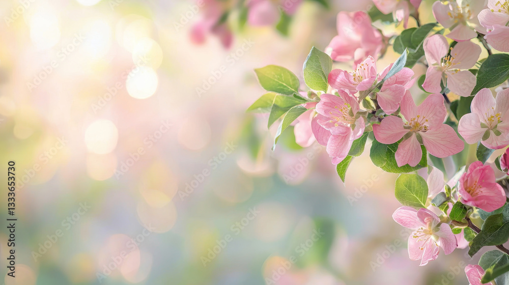 Pink apple blossoms on branch with soft sunlight and dreamy bokeh background Pink apple blossoms on branch with soft sunlight and dreamy bokeh background