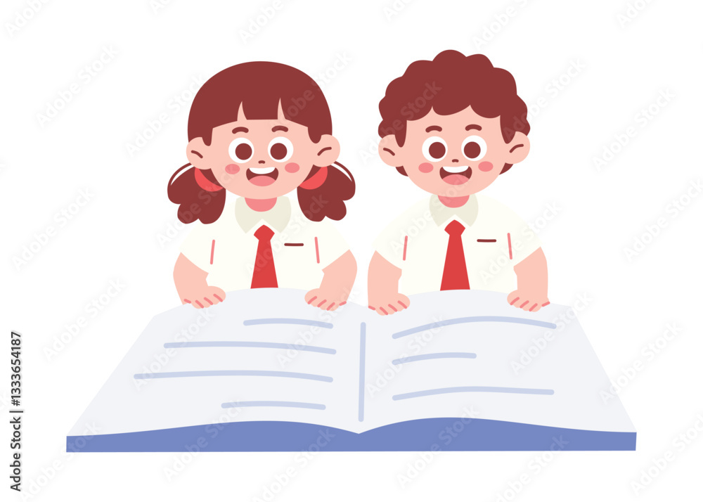 Elementary School Student Reading Giant Book Illustration Elementary School Student Reading Giant Book Illustration