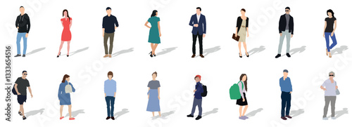Sixteen different characters, adults, teenagers, children and old people, standing at full height. White caucasian people. City dwellers. Flat vector illustration isolated on white background.