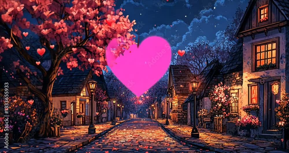 Enchanted evening street adorned with cherry blossoms and floating hearts under a starry sky