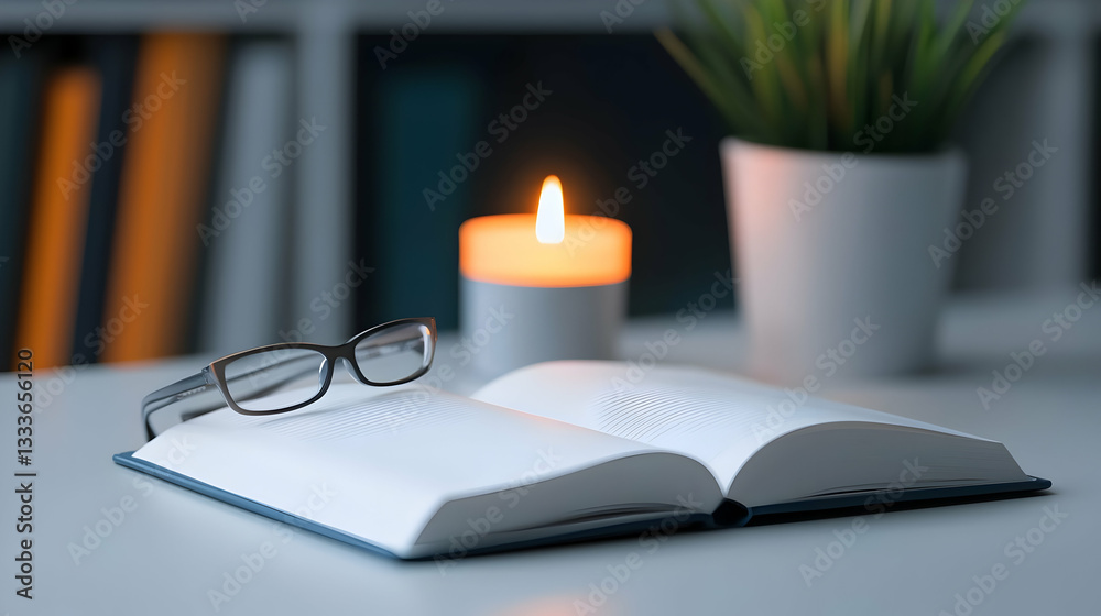 Cozy Study Scene with Open Book and Candlelight Cozy Study Scene with Open Book and Candlelight