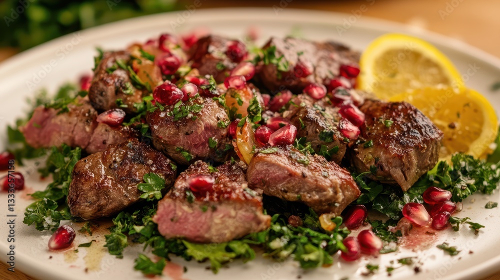 Chicken liver is served alongside a fresh salad adorned with pomegranate seeds on a white plate, offering a visually appealing and flavorful dish. Chicken liver is served alongside a fresh salad adorned with pomegranate seeds on a white plate, offering a visually appealing and flavorful dish.