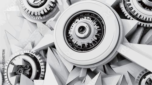 Close-up view of a 3D rendered image depicting an abstract arrangement of gears, cogs, and other mechanical components.  The image is presented in monochrome, primarily shades of white and gray.