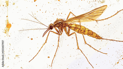 High magnification close-up photograph of a small, yellow insect. The insect is predominantly yellow with translucent wings and visible antennae and legs. The background is predominantly off-white