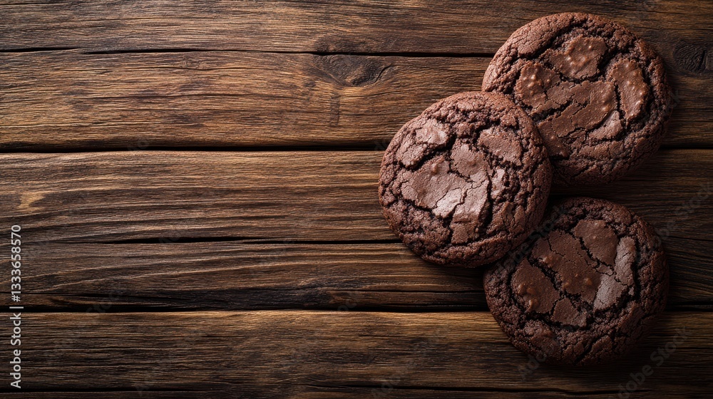 Fototapeta premium Chocolate cookies arranged on a rustic wooden table create a cozy, inviting scene.