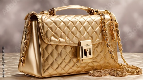 Golden lock on quilted leather bag showi