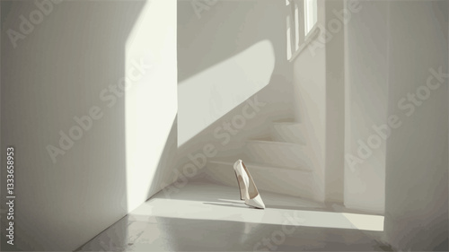 The image shows a minimalist interior scene featuring a white staircase bathed in sunlight.  The sunlight casts distinct shadows on the white walls and floor. A small, abstract, white sculpture is