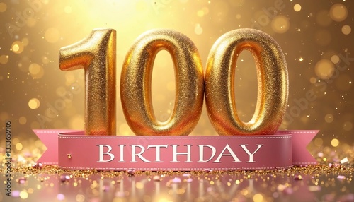 Golden 100th Birthday Design with Ribbon and Sparkling Background
