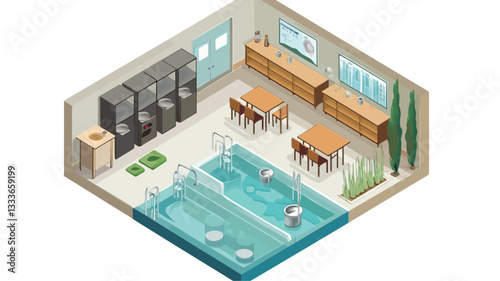 Isometric illustration depicting the interior of a public bathhouse.  The image shows two large bathing pools, tables and chairs arranged in a dining area, vending machines, and potted plants. The