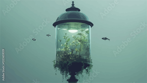 The image depicts a street lamp seemingly submerged underwater. The lamp's glass enclosure contains aquatic plants and small fish.  The overall color palette is muted greens and blues, creating a