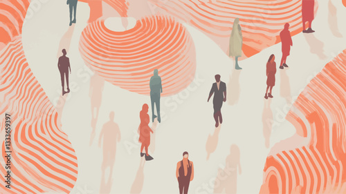 The image is an illustration featuring numerous stylized human figures situated on an abstract, undulating surface. The surface is characterized by swirling, concentric orange and beige lines