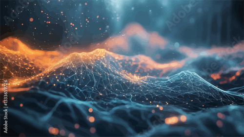 The image is a digitally created abstract landscape. The visual elements consist of undulating, textured surfaces in shades of dark blue and orange.  Glowing particles appear to be falling or