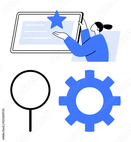 Person interacting with tablet featuring star icon, alongside gear and magnifying glass. Ideal for innovation, success, technology, search, problem-solving, progress motivation. Flat simple metaphor