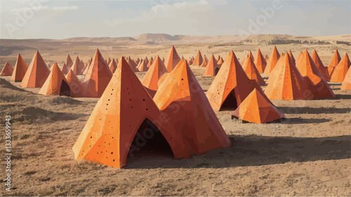 The image shows a wide shot of numerous bright orange, conical structures scattered across a flat, sandy desert landscape. The structures are geometrically similar, with variations in size and some