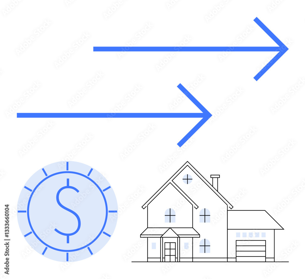 Two arrows pointing to a house, a dollar coin indicating financial goals. Ideal for investment, budgeting, real estate, mortgage planning, savings, wealth growth and home ownership. Flat simple