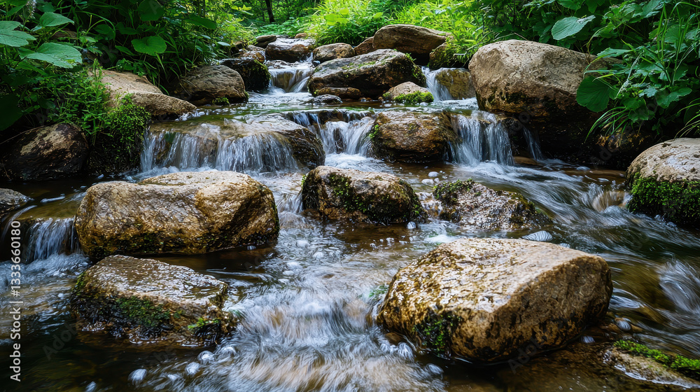 serene forest stream flows over mossy rocks surrounded by lush greenery serene forest stream flows over mossy rocks surrounded by lush greenery