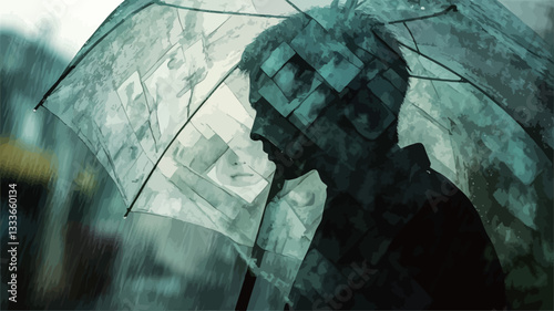 The image is a close-up shot of a person's silhouette under a transparent umbrella in the rain. The background is blurred, suggesting an urban setting. The overall color palette is desaturated,