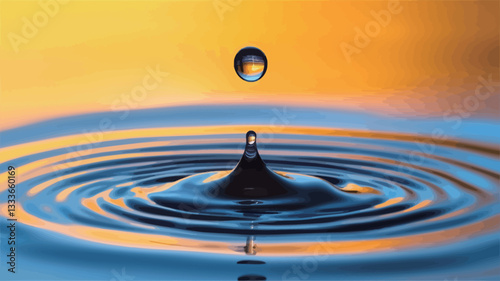 A close-up macro photograph depicts a single water droplet falling into a body of water, creating concentric ripples. The droplet is dark blue with a subtle reflection, appearing almost spherical