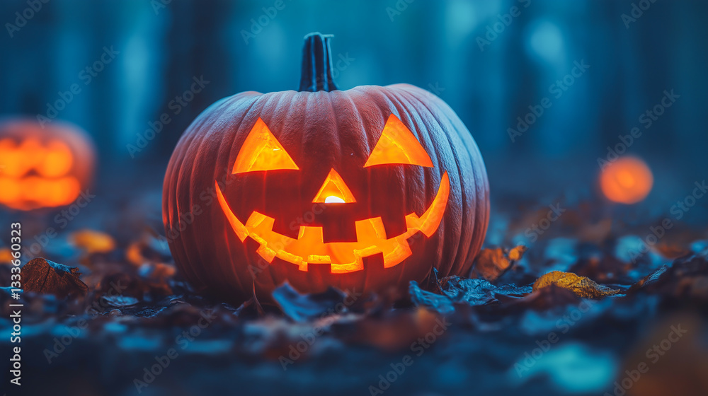 Jack-o'-lantern glowing warmly amidst autumn leaves in a dark forest at night Jack-o'-lantern glowing warmly amidst autumn leaves in a dark forest at night