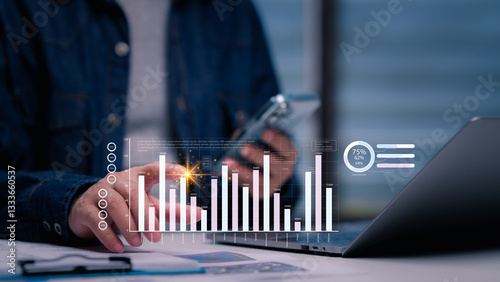 Modern Office Interface Data Driven Progress Visualized On Laptop Professional With Simulation Of Server And Database Analytics, Featuring Graph Showcasing Key Data Trends And Progress Indicators