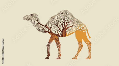 Digital illustration depicting a double exposure image of a camel and a tree.  The camel's silhouette is overlaid with a stylized image of a tree, creating a blended effect. The color palette is