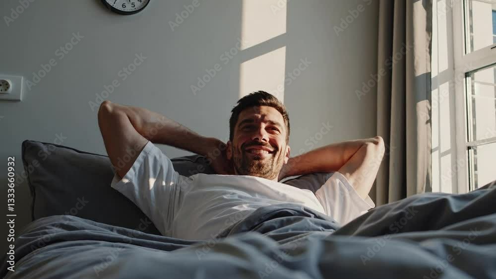 Smiling Man in His 30s Reclining Comfortably in Bed with Sunlight Streaming Through Window, Enjoying a Relaxed Morning in a Modern Bedroom Setting Smiling Man in His 30s Reclining Comfortably in Bed with Sunlight Streaming Through Window, Enjoying a Relaxed Morning in a Modern Bedroom Setting