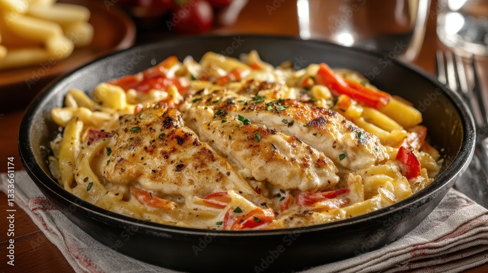 Creamy Tuscan Chicken is served in a black skillet on a table, highlighting the rich, creamy sauce and tender chicken. Creamy Tuscan Chicken is served in a black skillet on a table, highlighting the rich, creamy sauce and tender chicken.