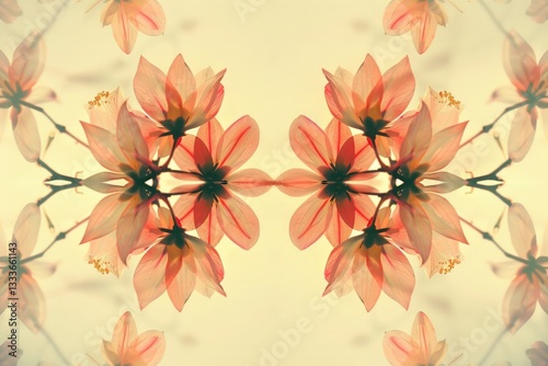 Abstract floral pattern of coral-colored flowers in a symmetrical layout