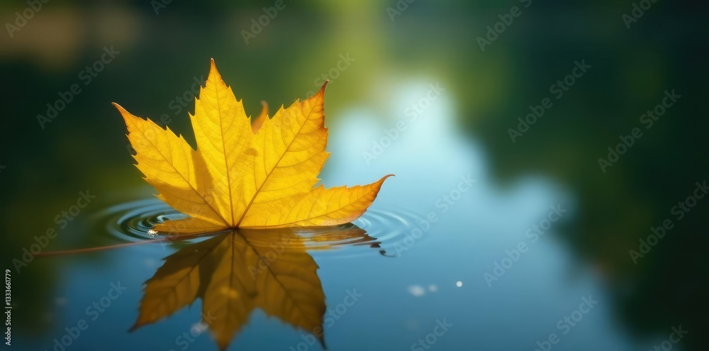 Obraz premium Yellowed leaf drifts gently on a peaceful pond, serenity, nature