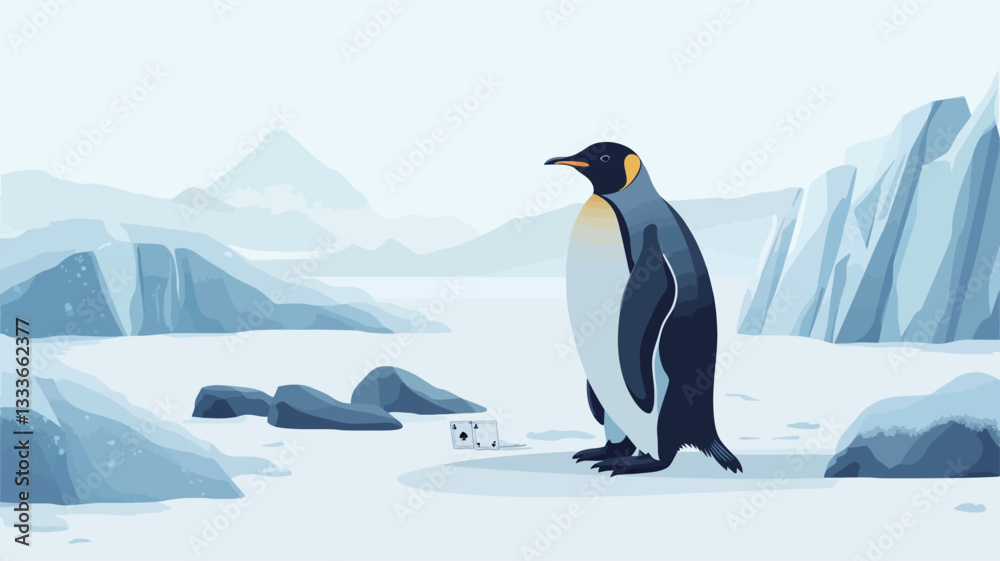 Fototapeta premium A digital illustration depicting a king penguin standing on a snowy, rocky landscape. The background features stylized, muted blue mountains and icy terrain. The penguin is rendered in a