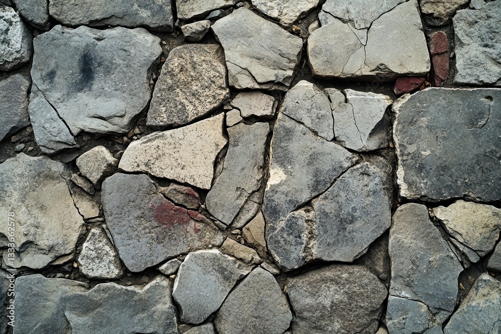 Fototapeta premium Worn cobblestone fragments with cracked surfaces broken stone slabs for vintage display