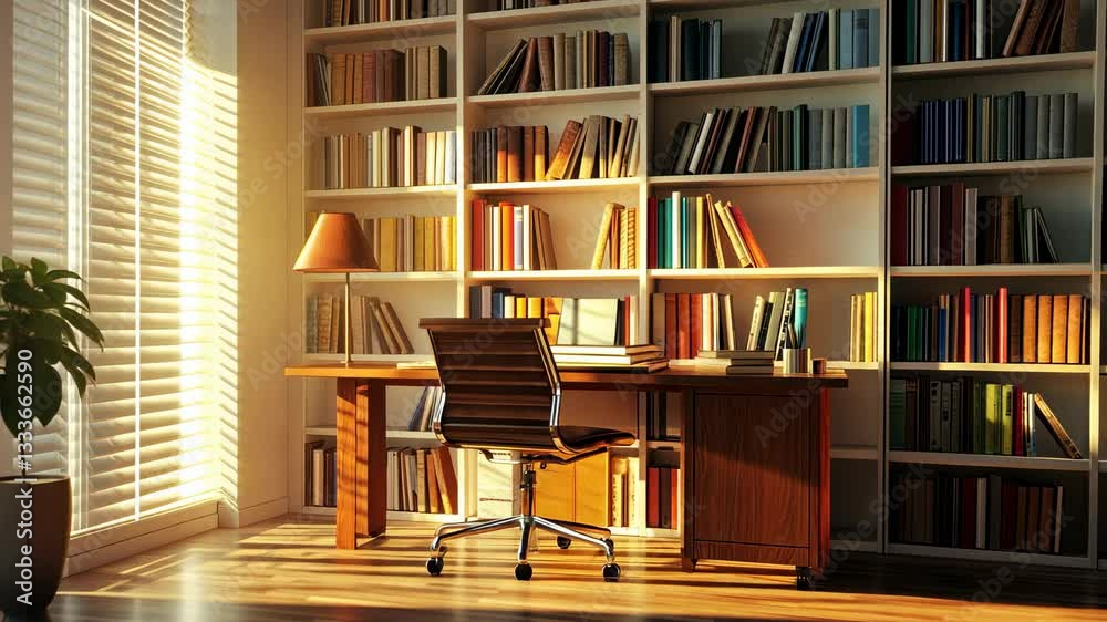 Sunlit Study: A Serene Workspace with Bookshelves Sunlit Study: A Serene Workspace with Bookshelves