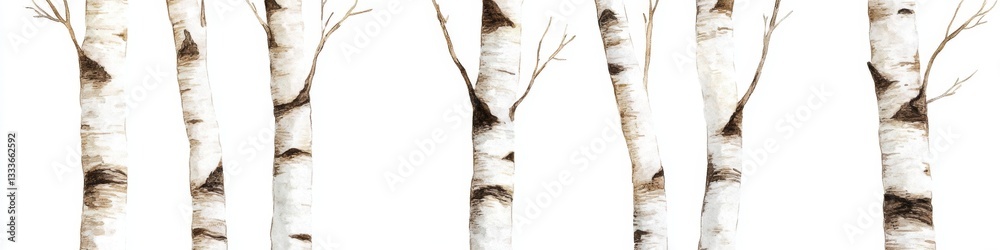 Naklejka premium Watercolor Birch Trees Isolated on White Background