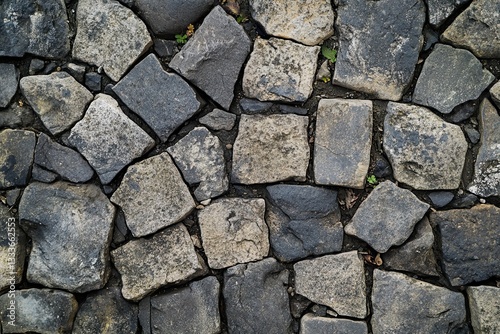 Worn cobblestone fragments with cracked surfaces broken stone slabs for vintage display