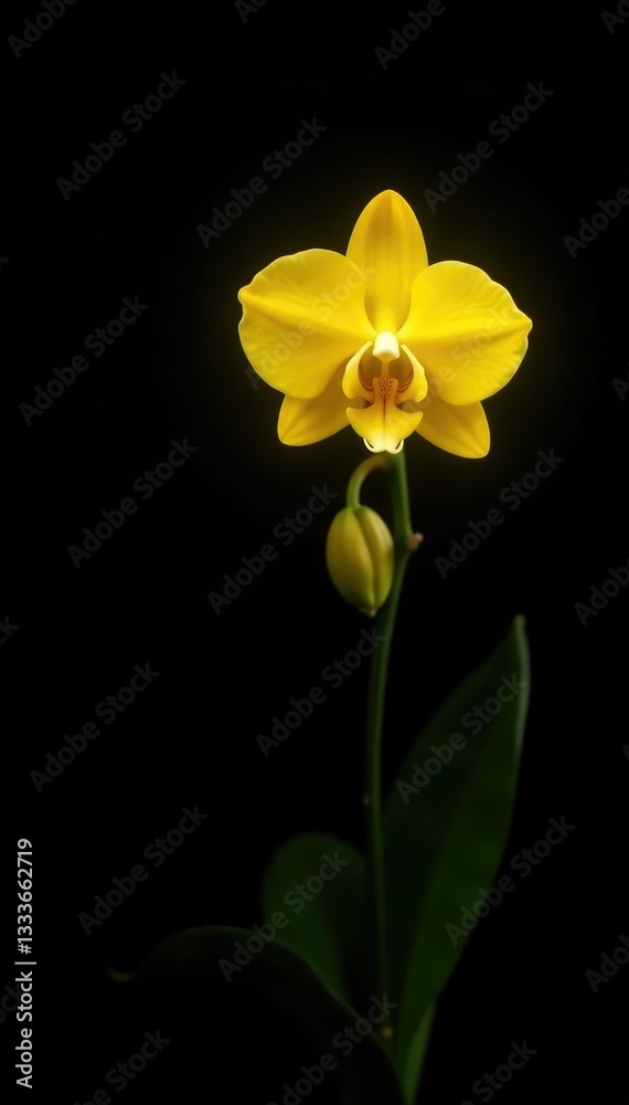 Naklejka premium Yellow orchid on a stark black background with highlights, isolation, empty space