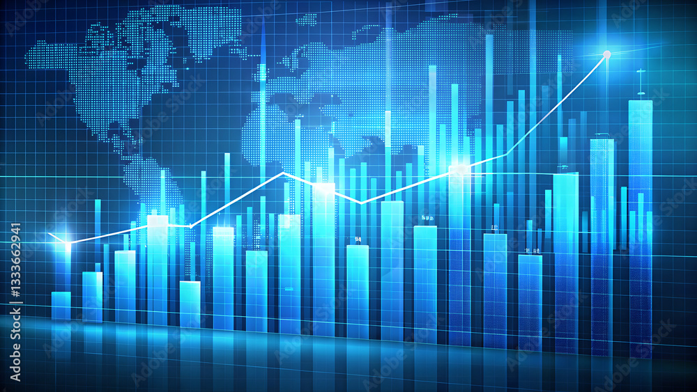 Watercolor bar chart illustration with ascending bars and trend line on a blue and light blue grid background, financial or economic concept with glowing emphasis
Watercolor bar chart illustration with ascending bars and trend line on a blue and light blue grid background, financial or economic concept with glowing emphasis