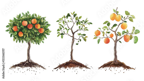 An illustration depicting three stages of an orange tree's life cycle against a white background.  Each tree is shown with varying amounts of leaves and fruit, progressing from a young, leafy tree