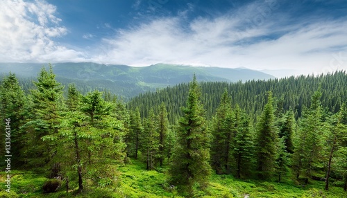 lush green pine forest forrest of trees in wilderness mountains