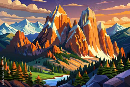 alp mountain landscape with river and trees abstract cartoon